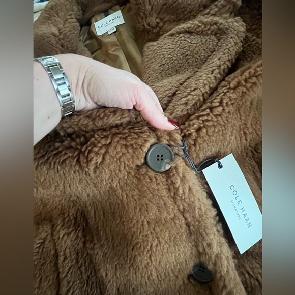 Cole Haan Signature Designer Brown Faux Fur Wool Blend Coat Size XL - Picture 5 of 16